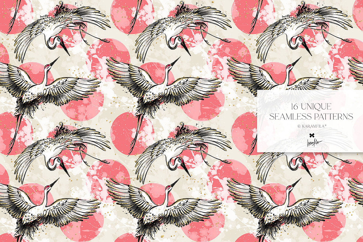 Japanese Cranes Seamless Patterns, a Pattern Graphic by KaramfilaS (Photo 7 of 19)
