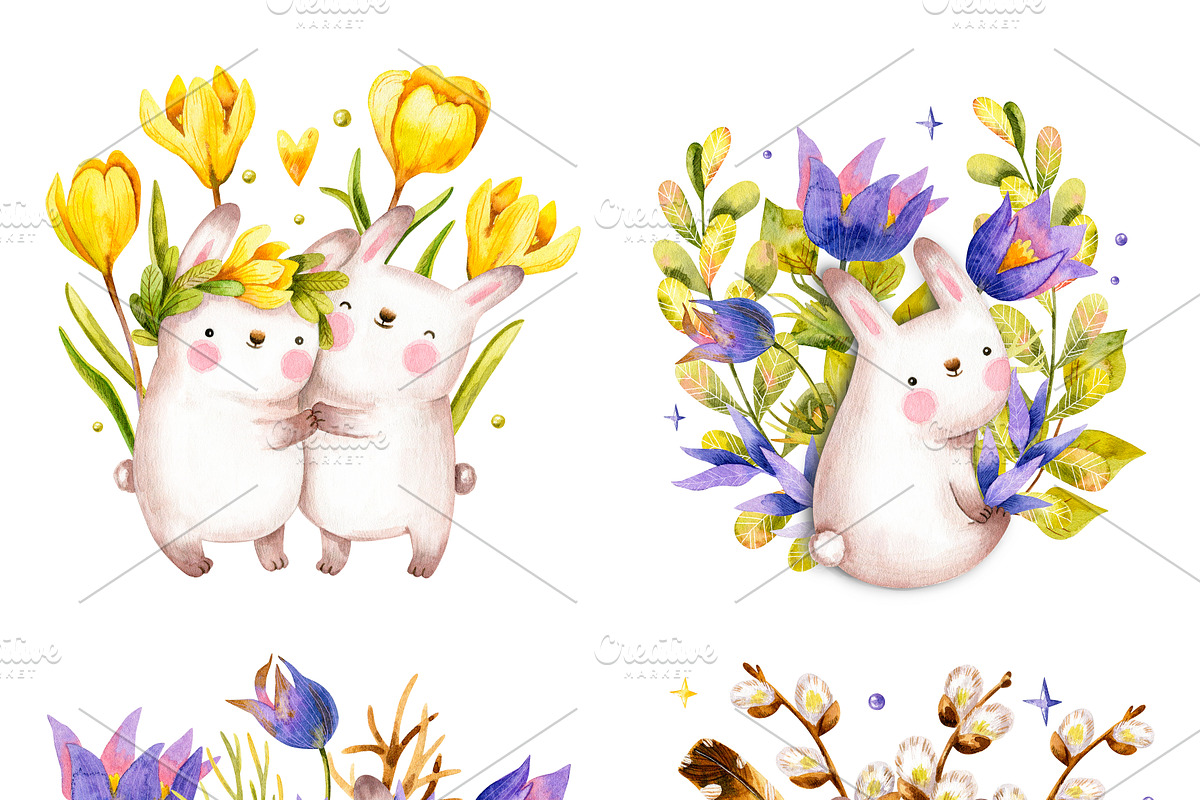 Easter bunnies. Watercolor set., an Illustration by babenkoirusa (Photo 4 of 16)