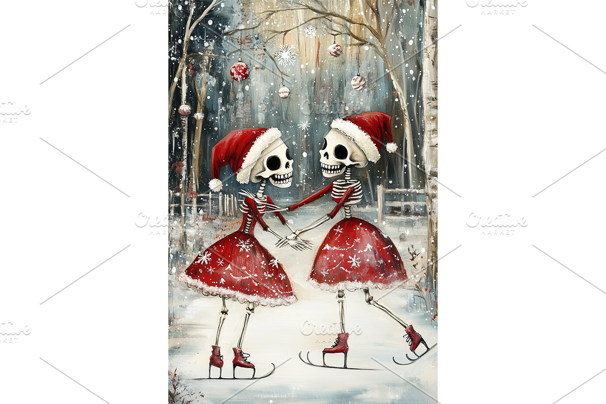 Dancing Skeletons in Snow Print, an Animal Illustration by Art Paradise Studios