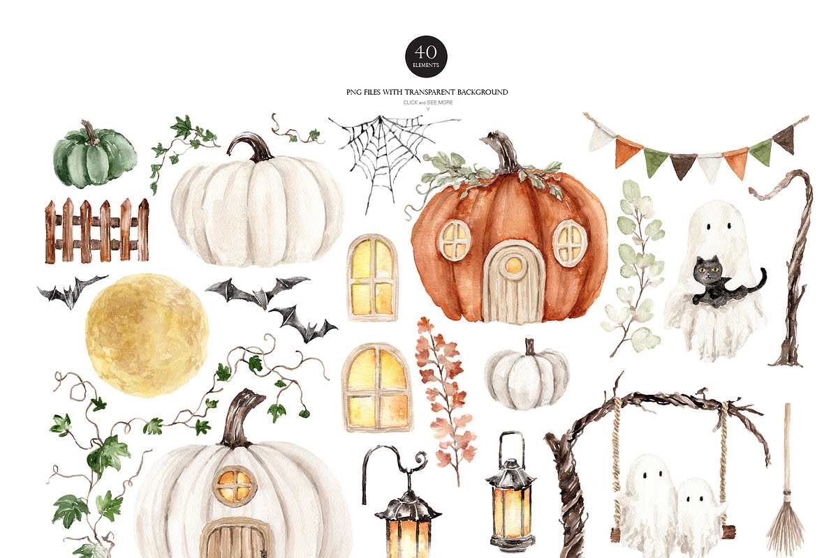 Pumpkin House Watercolor Clipart, a Decorative Illustration by Beigetime (Photo 3 of 13)