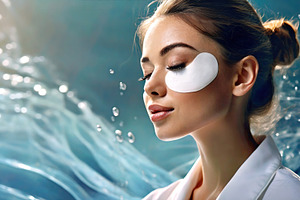 Woman with hydrogel eye patches in skincare spa