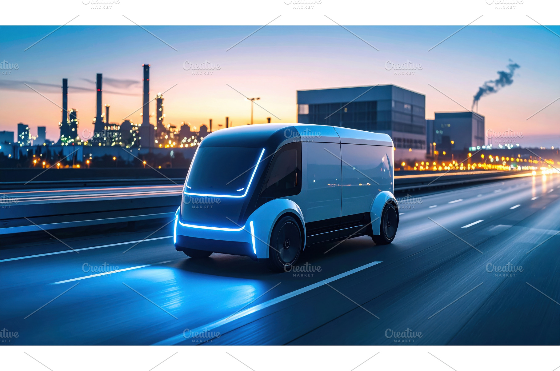 Futuristic electric van driving on a, a Transportation Photo by Igor Tichonow