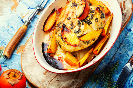 Chicken meat fried with fruit, a Food & Drink Photo by MLunov MLunov