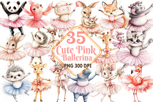Cute Pink Ballerina Animals Clipart, an Illustration by Watercolor design