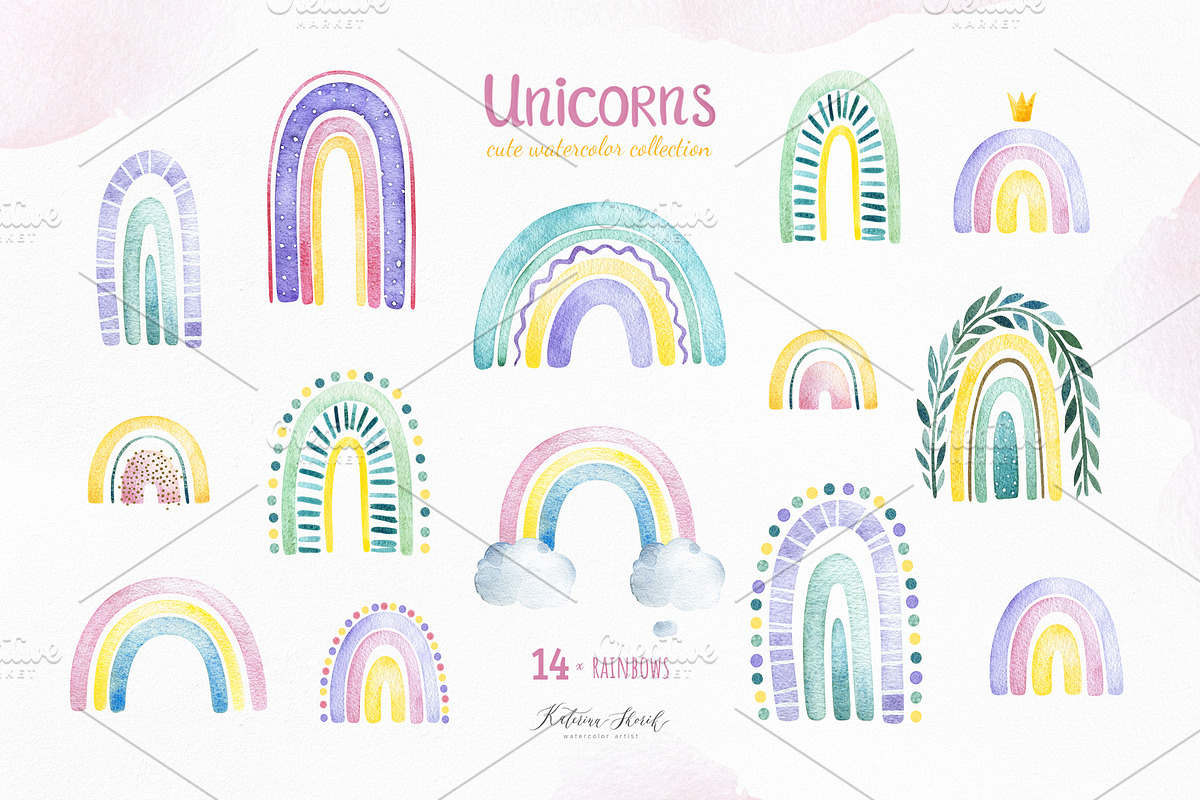 Unicorns.Cute watercolor collection, an Animal Illustration by Kate_Rina (Photo 2 of 16)
