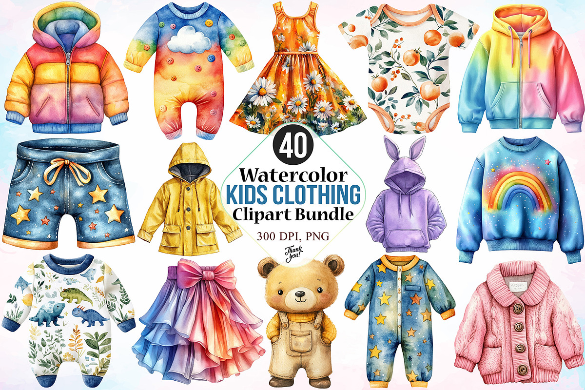 Watercolor Kids Clothing Clipart PNG, an Object Illustration by Canvas Craft (Photo 1 of 4)