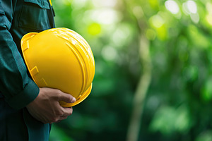 Worker holds yellow safety helmet while standing outdoors in nat, a Photo by AlyaAnd