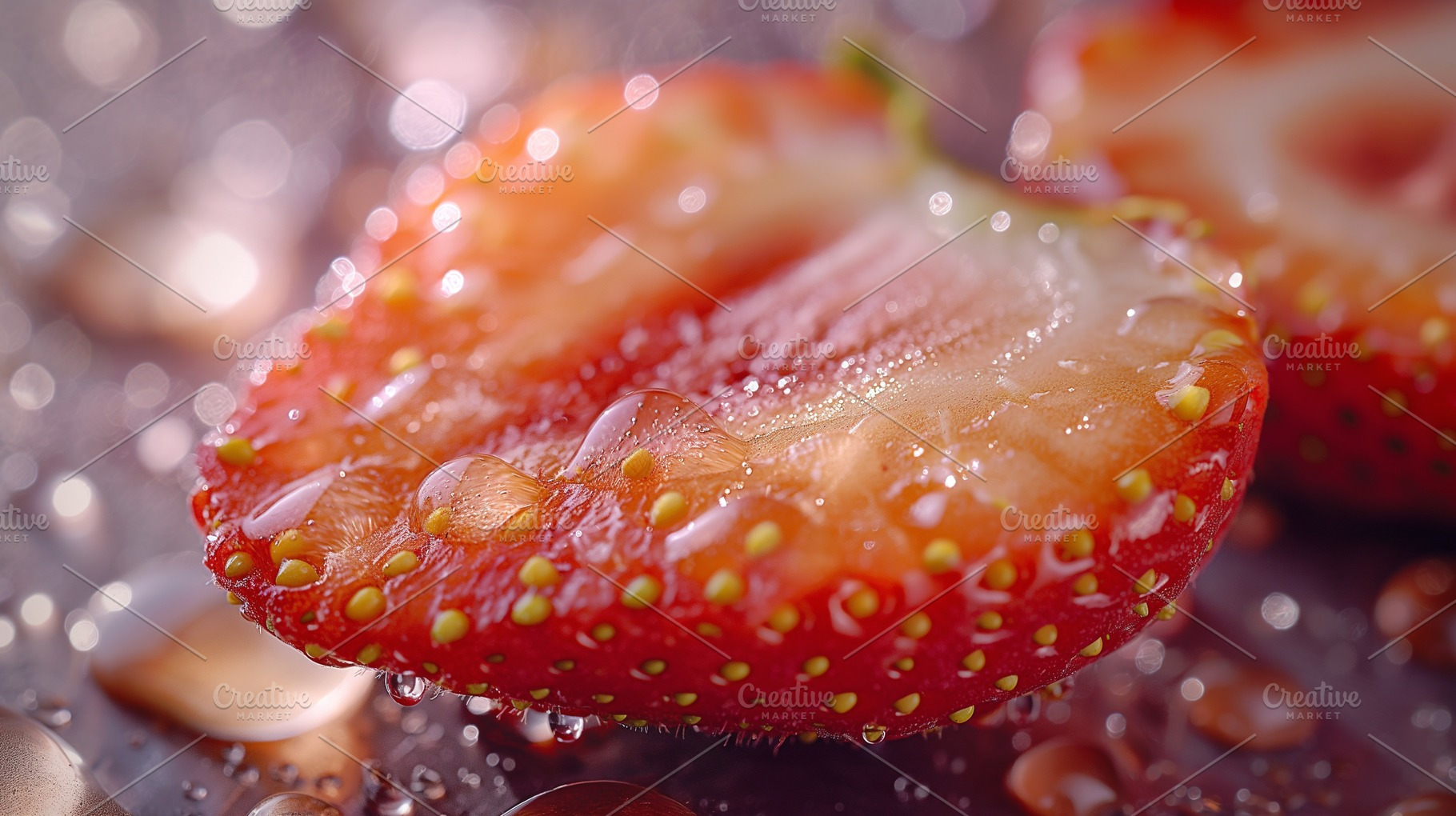Close-up of a juicy red strawberry slice glistening with water droplets, showca, a Background Photo by ImageMir