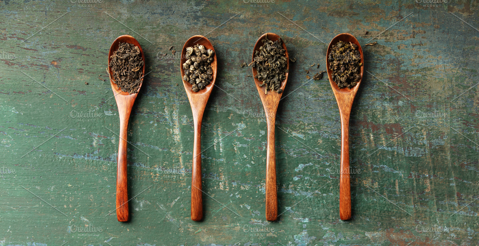 Assortment of Loose Leaf Teas in Wooden Spoons on Rustic Backgro, a Food & Drink Photo by Natalia Klenova's Shop