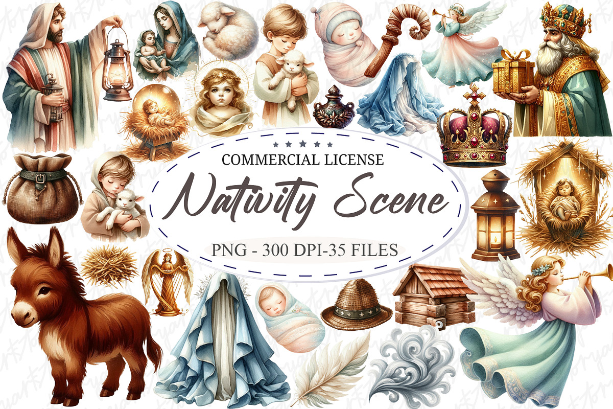 Watercolor Nativity Scene Clipart, an Illustration by designcity5 (Photo 1 of 5)