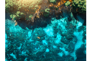 Aerial view of a kayak, azure water, a Nature Photo by den-belitsky