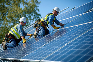 Two workers in hard hats and safety vests installing solar panels on a rooftop., a Technology Photo by Textures & Backgrounds