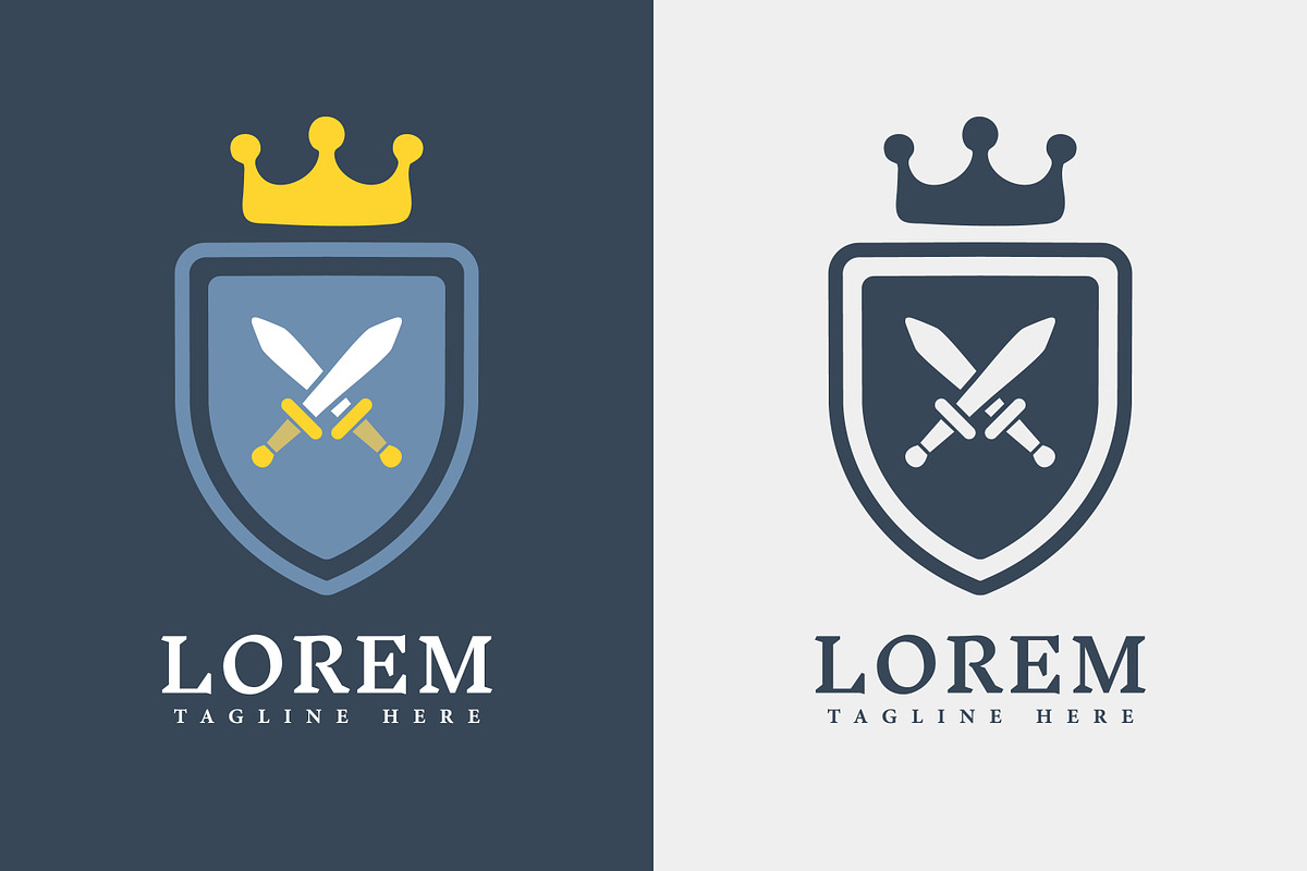 shield logo with swords and crown, a Branding & Logo Template by Saba Vector