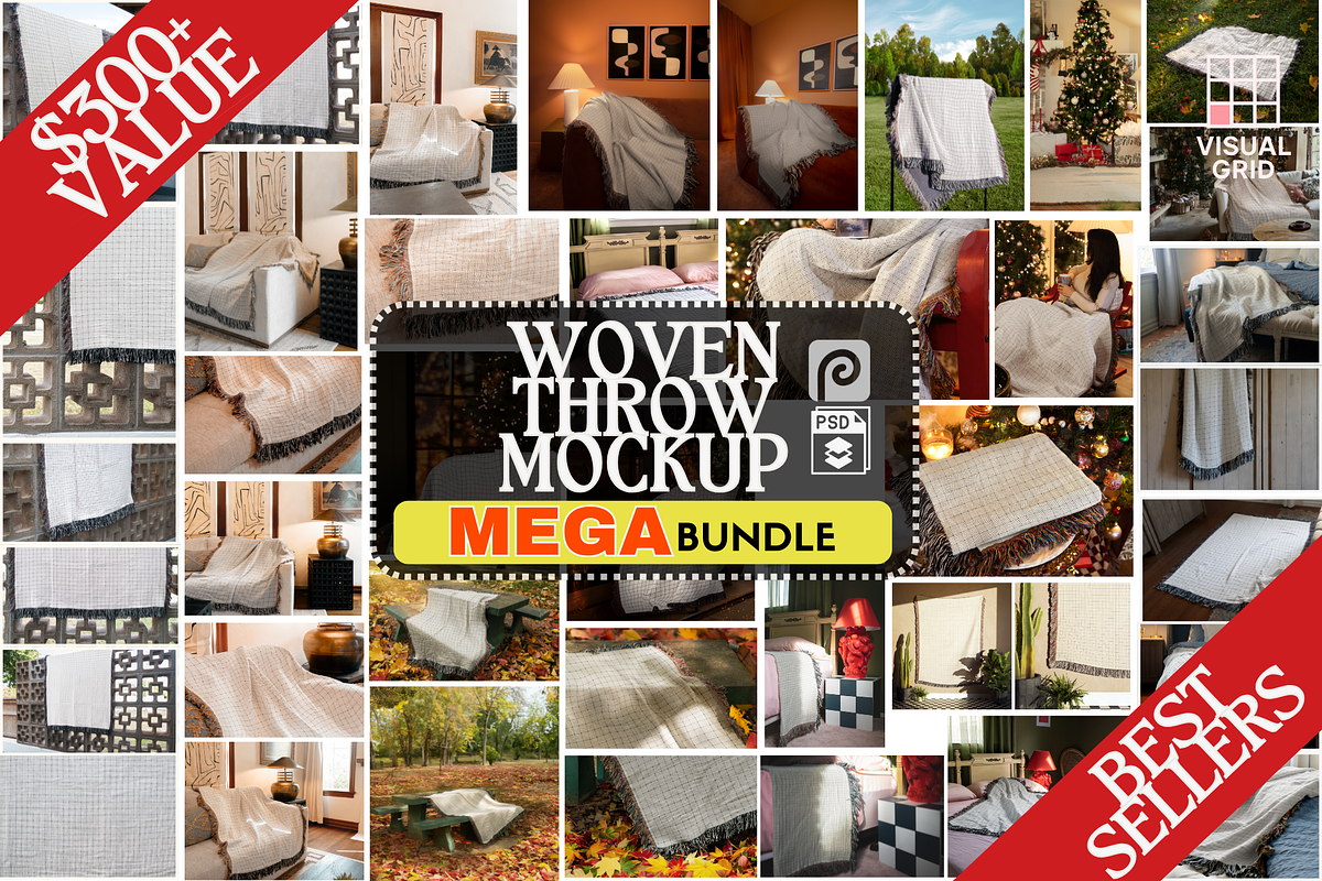 BEST SELLERS BUNDLE - Woven Blanket, a Household Mockup by VisualGrid (Photo 1 of 13)