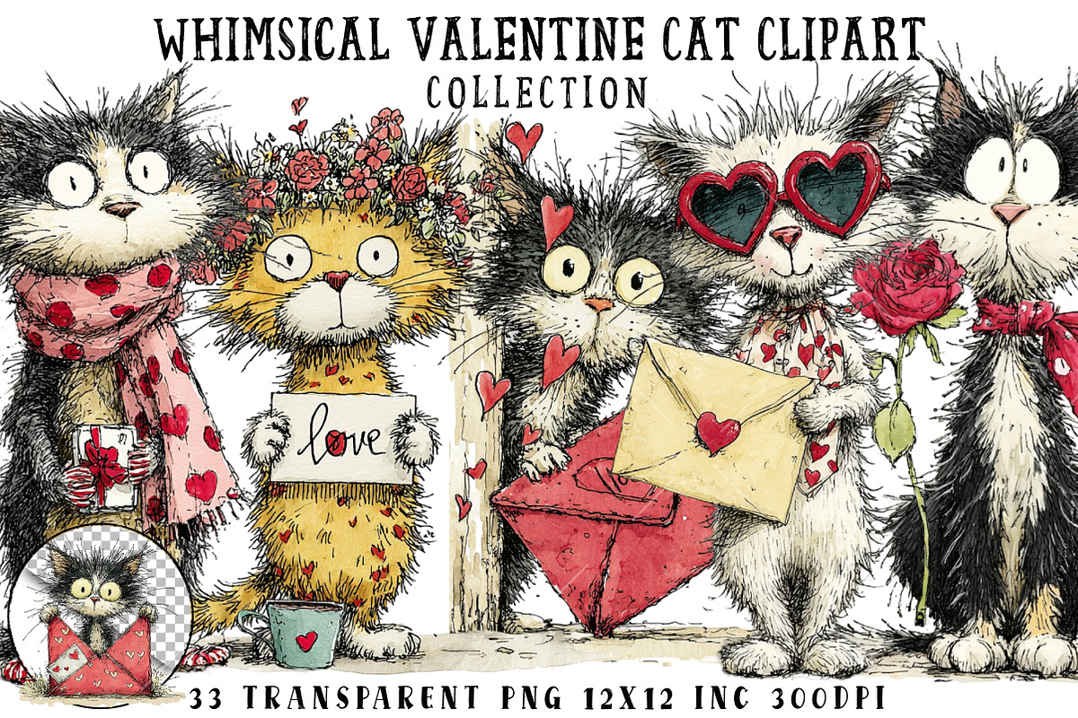 Whimsical Valentine Cat Clipart, an Illustration by OK Design (Photo 1 of 6)