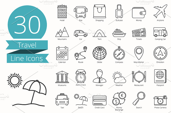 30 Travel Line Icons