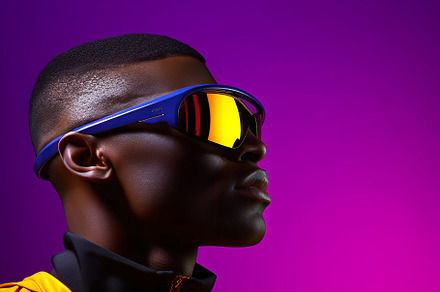 Black man with luxury sunglasses isolated on a purple background, a Person Photo by ImageMir