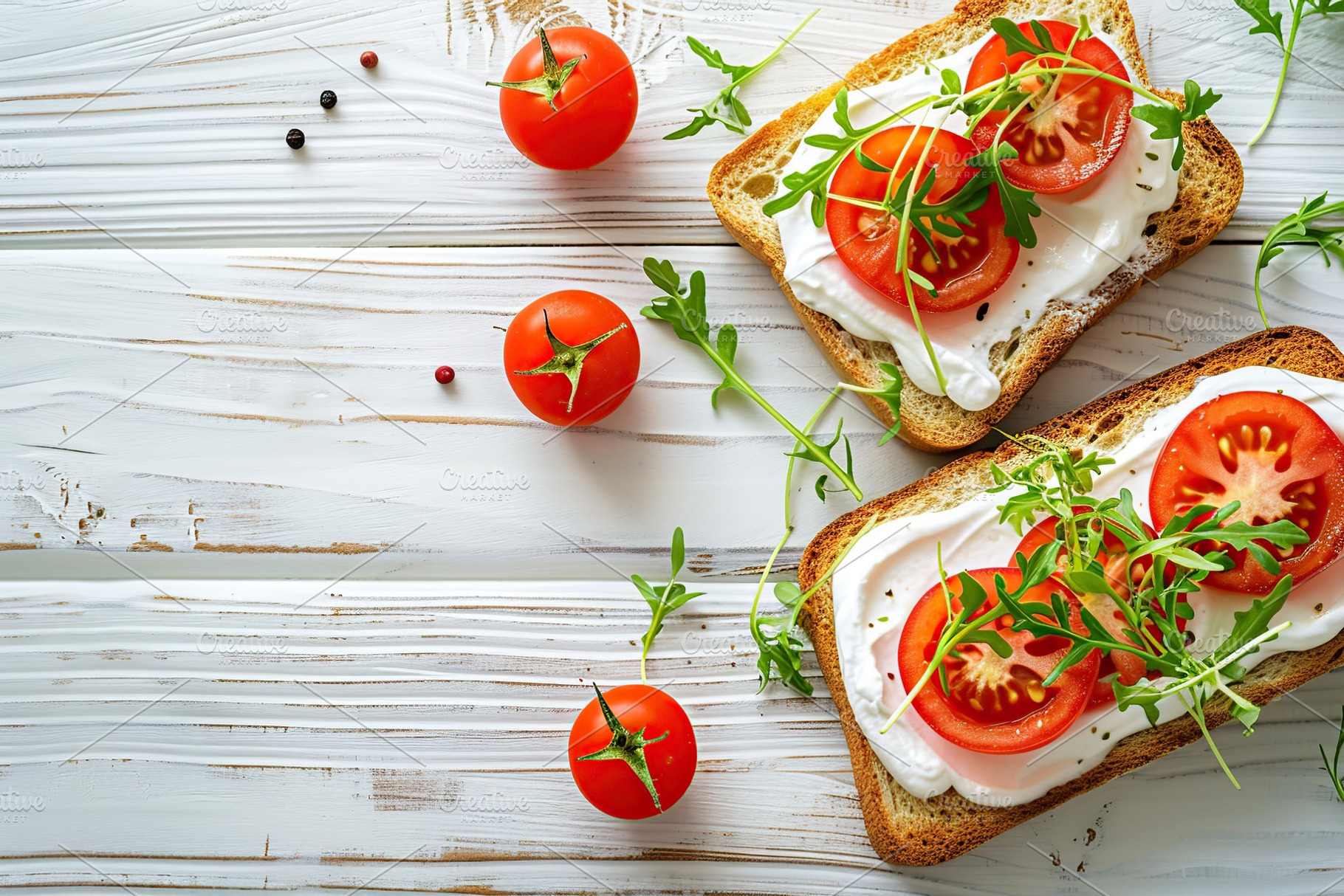 Sandwich with cream cheese, microgreens and tomatoes on wooden table, a Food & Drink Photo by AlyaAnd