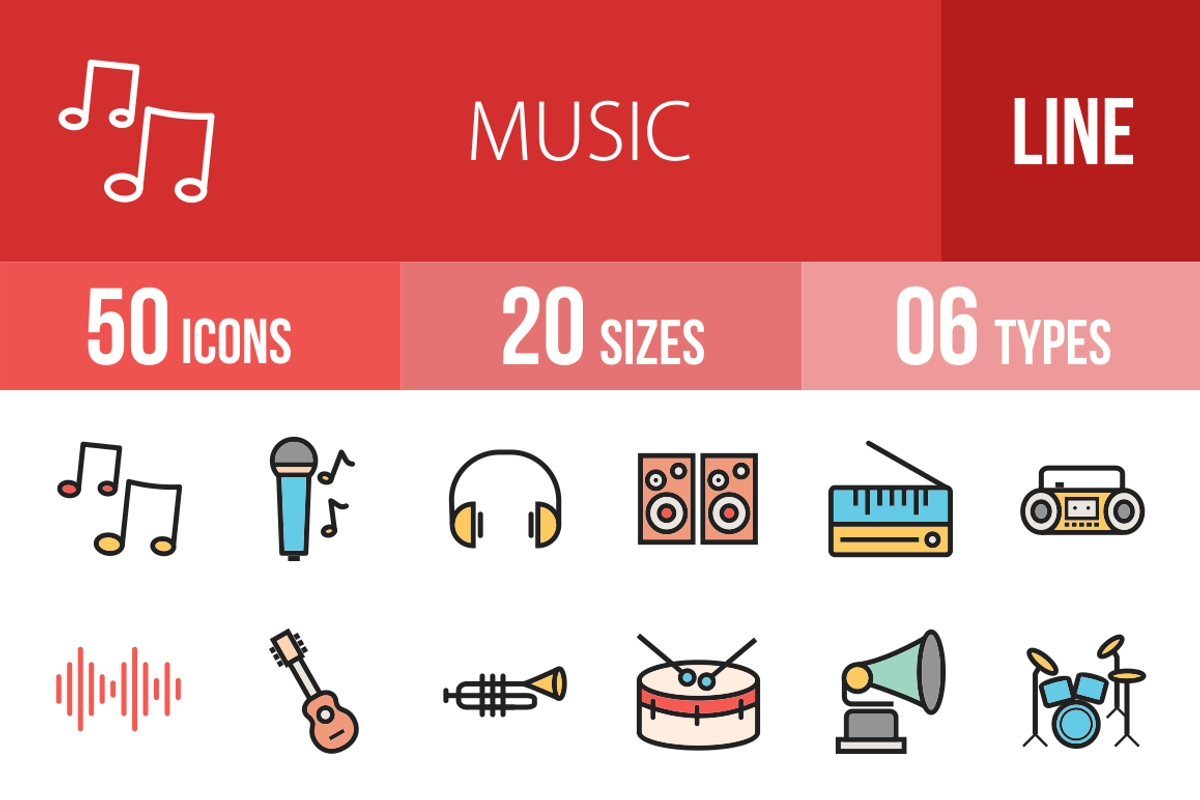 50 Music Line Filled Icons, an Outline Icon by IconBunny (Photo 1 of 3)