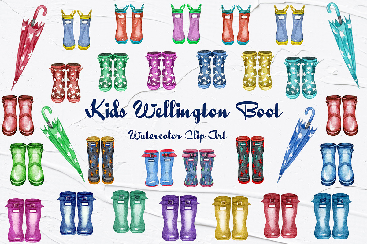 Kids Wellington Boots Watercolor Set, an Object Illustration by BarvArt (Photo 1 of 4)