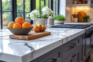 A beautifully arranged kitchen scene featuring a bowl of oranges and a wooden c, a Background Photo by ImageMir