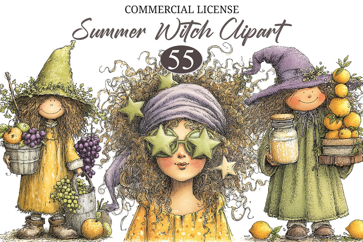 Whimsical Summer Witch Clipart, a Seasonal Illustration by designcity5