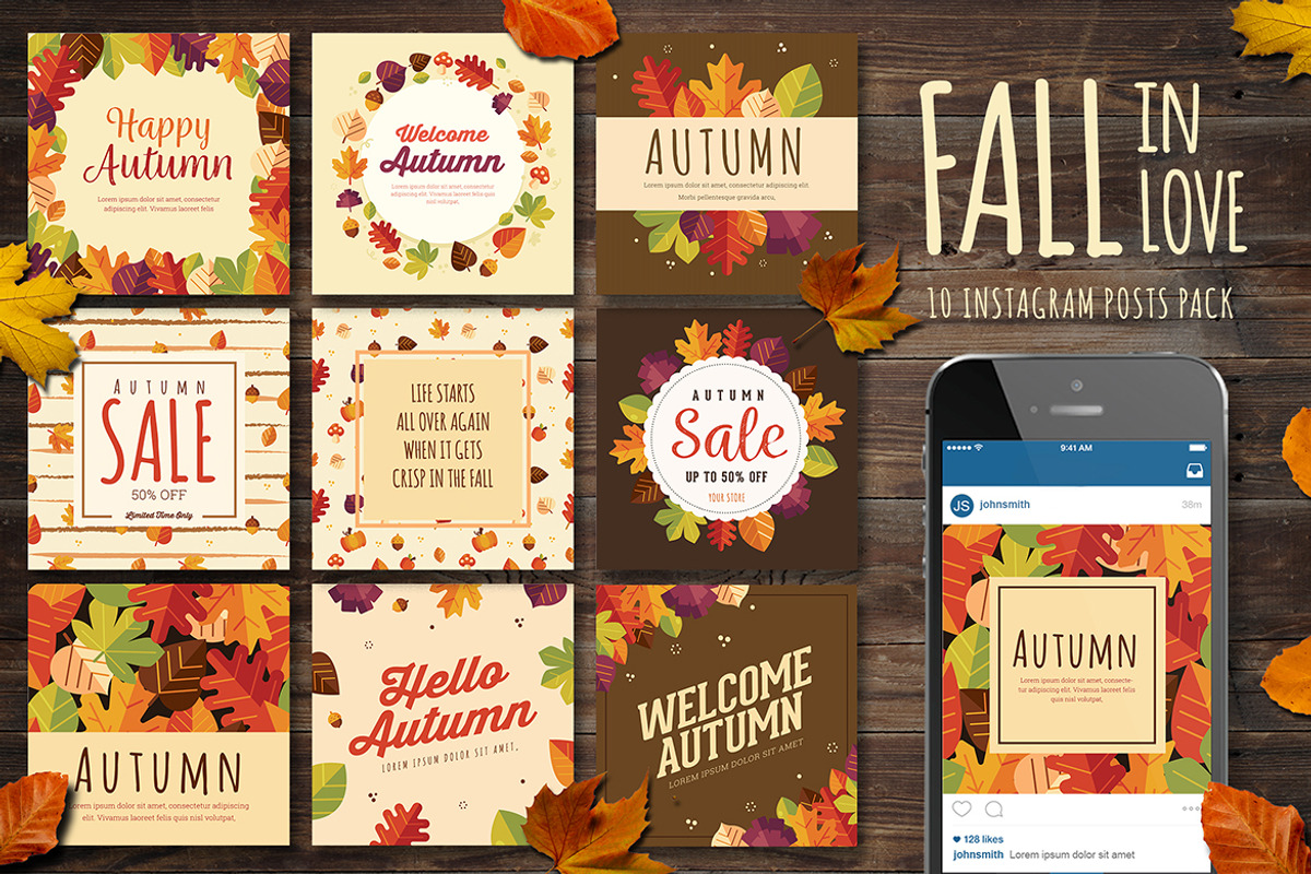 Fall In Love_10 Instagram Post Pack, a Social Media Template by VectorVactory (Photo 1 of 6)