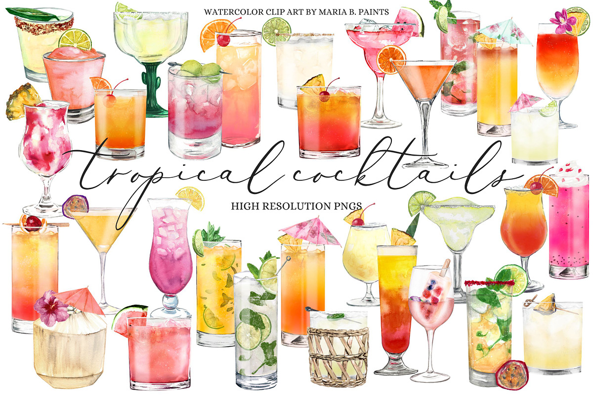 Tropical Cocktail Illustrations, a Food Illustration by Maria B. Paints