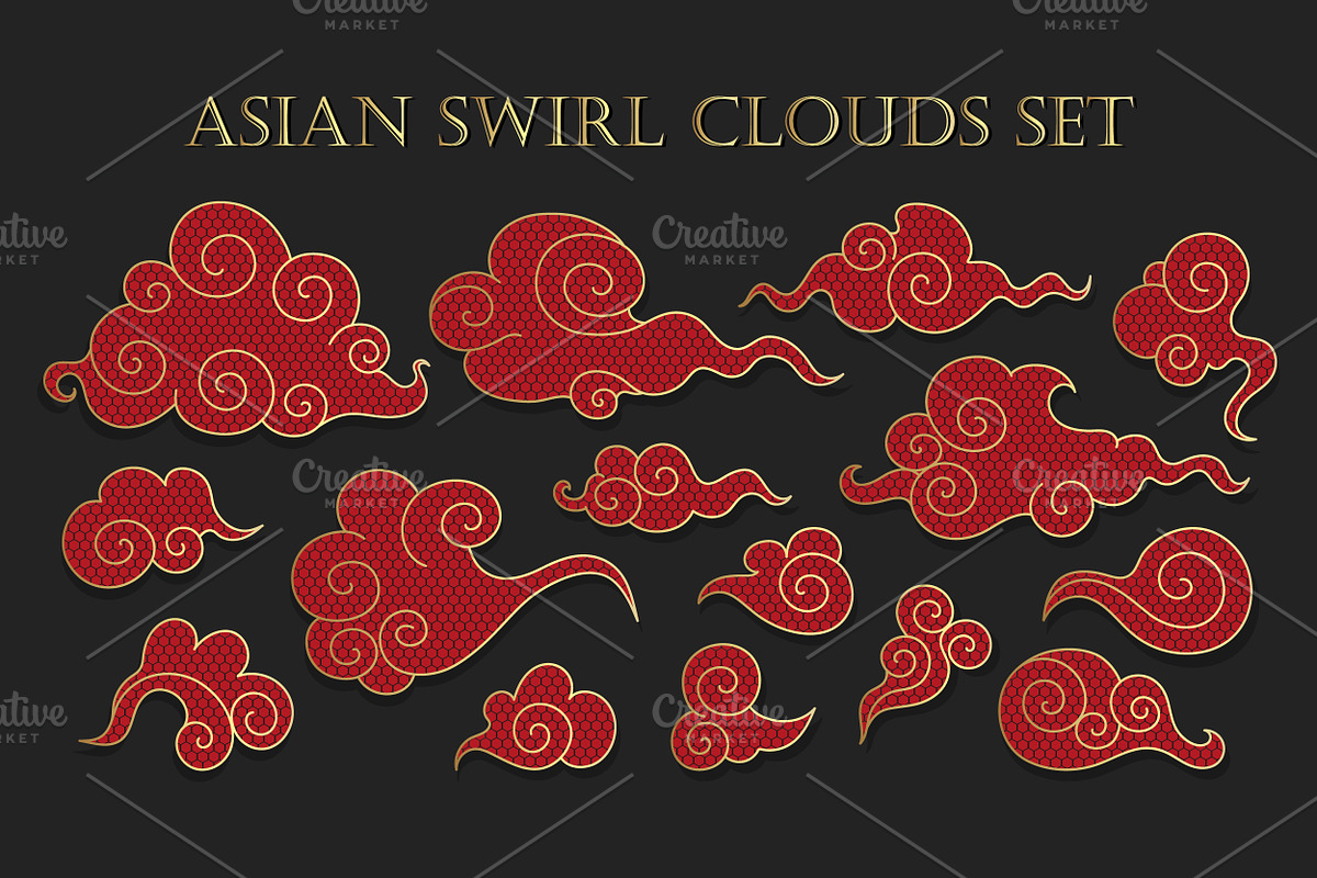 Red Asian Swirl Clouds Set, a Decorative Illustration by PsychocheArt (Photo 1 of 3)