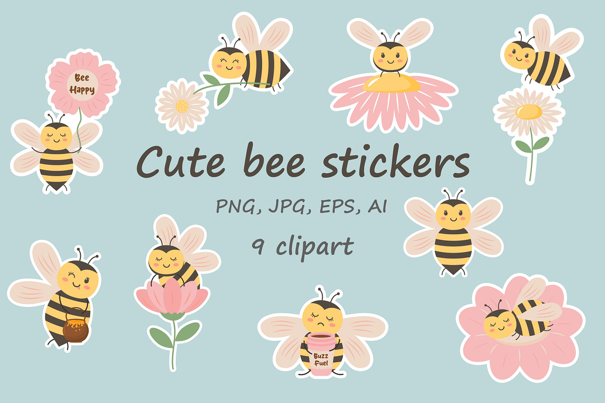 Cute bee stickers, an Animal Illustration by JulyGart (Photo 1 of 3)