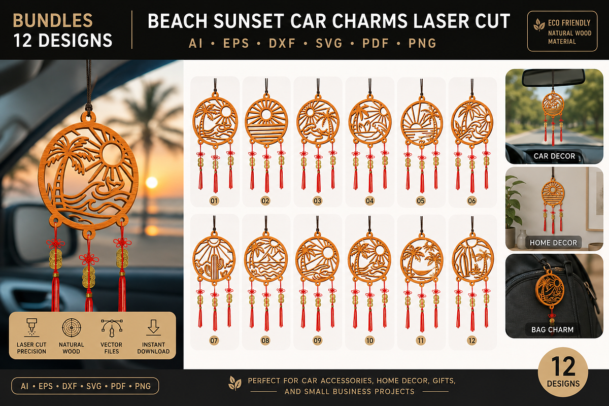 Beach Sunset Car Charms laser Cut, an Object Graphic by OTVEY DESIGN (Photo 1 of 13)