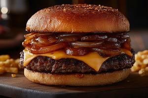 Juicy burger topped with caramelized, a Food & Drink Photo by Pixeness Studio