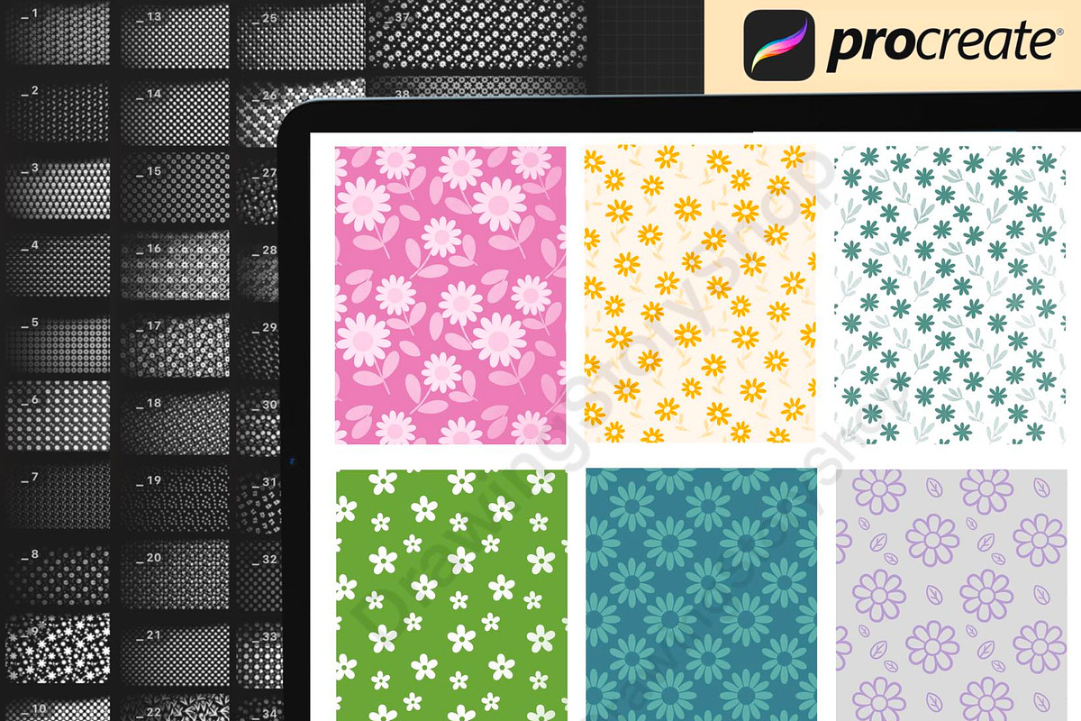 100 Flower Patterns Procreate brushe, a Brush Add-On by DrawingStoryShop