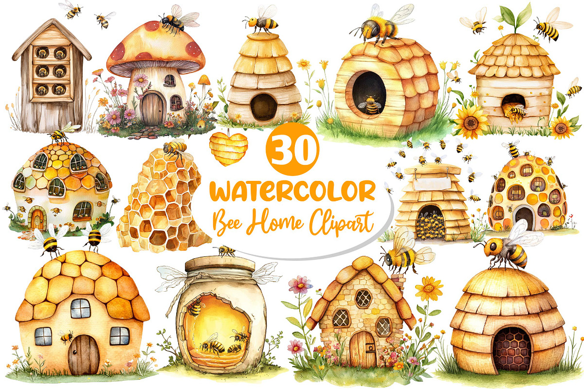 Watercolor Bee Home Clipart, an Illustration by Dream Creation (Photo 1 of 6)