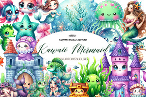 Kawaii Mermaid Clipart, an Illustration by CreationArt