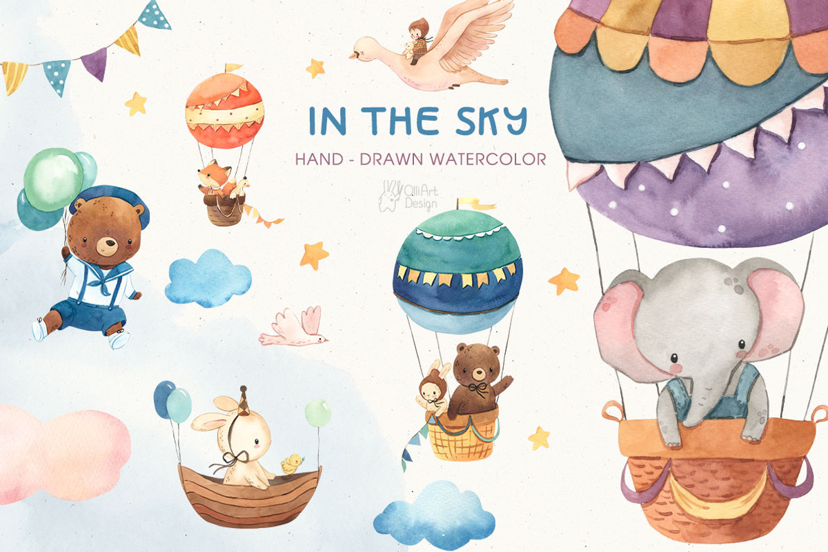 IN THE SKY. Watercolor clipart, an Animal Illustration by OlliArtDesign (Photo 1 of 6)