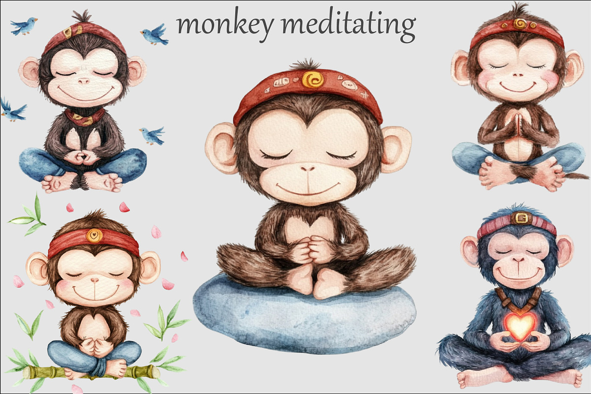 cute monkey meditating Clipart, an Illustration by Design Market (Photo 2 of 5)