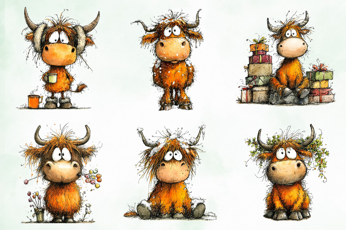 Grumpy Christmas Highland Cow Bundle, an Illustration by Creative Art (Photo 5 of 11)