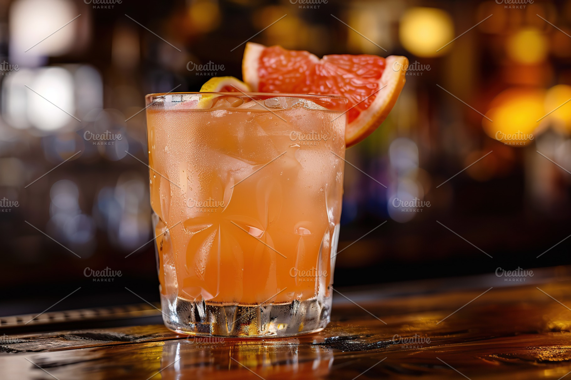 Red grapefruit cocktail in glass on wooden table, a Food & Drink Photo by AlyaAnd