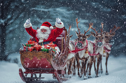 Santa joyfully rides his decorated s, a Photo by Tanuart