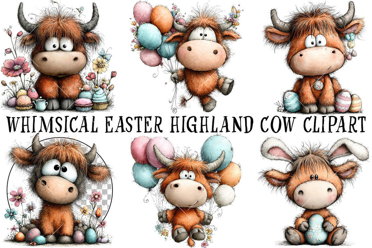 Whimsical Easter Highland Cow Clipar, an Illustration by OK Design (Photo 2 of 6)