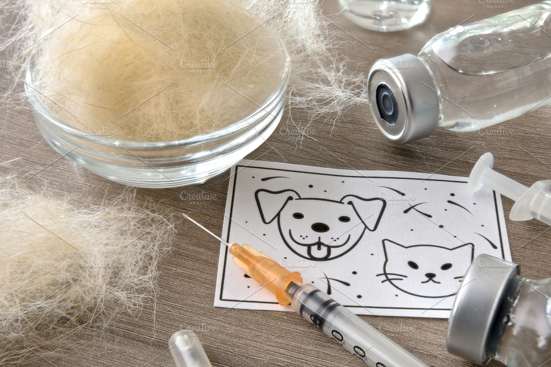 Detail of pet allergy vaccine set on wooden table, a Health & Medical Photo by Davizro's Market