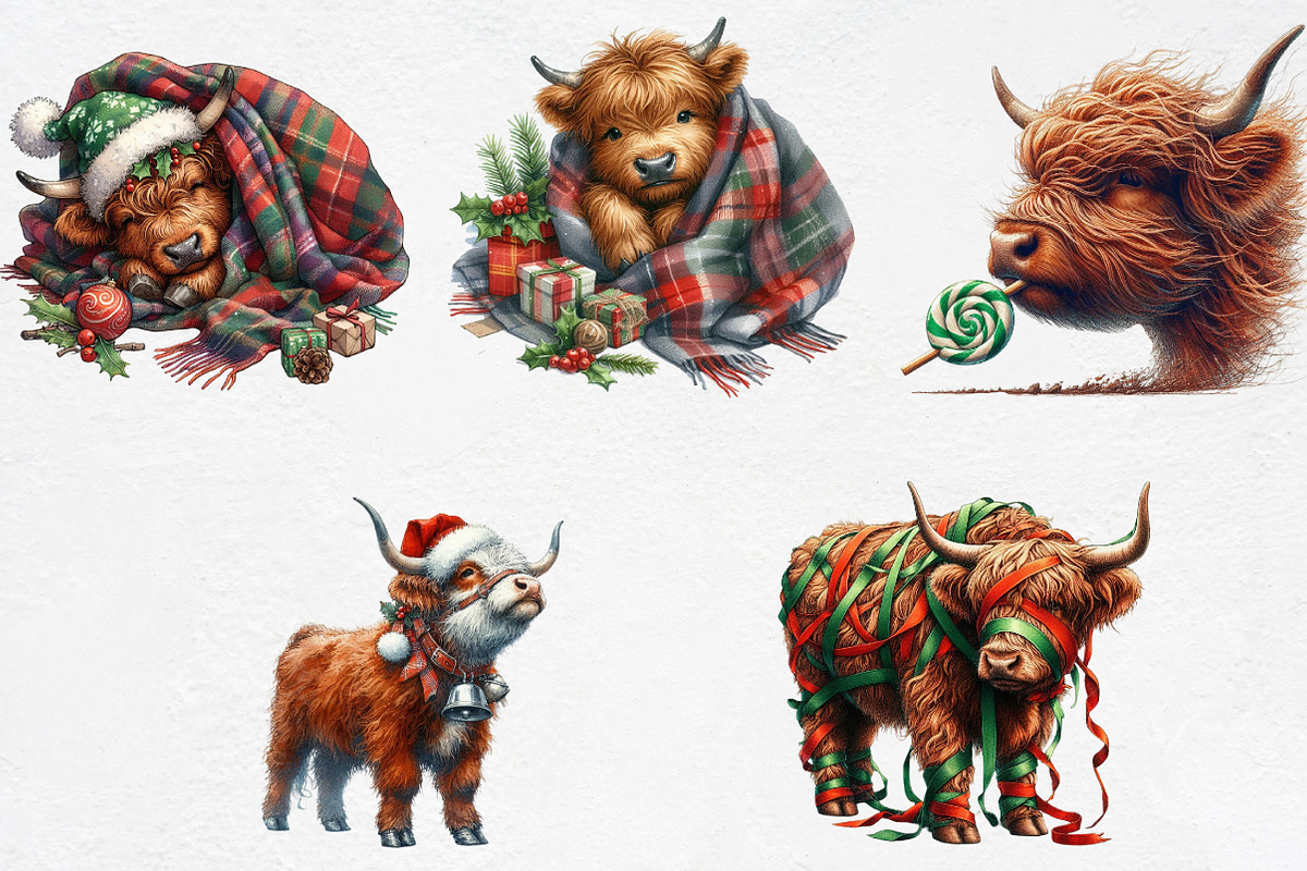 Cute Christmas Highland Cow Clipart, an Illustration by CrexoraLab (Photo 3 of 5)