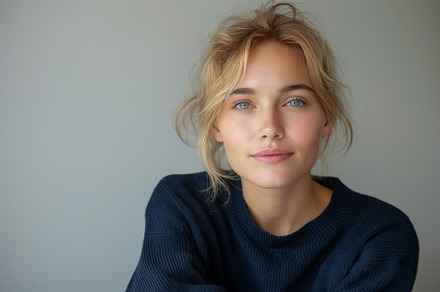 A young Caucasian woman with blonde hair poses softly against a neutral backgro, a Person Photo by ImageMir