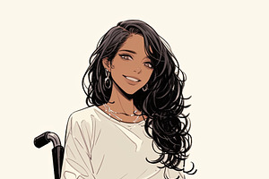 Confident young woman in a wheelchair wearing an elegant white outfit, an Illustration by AS photostudio