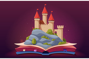 Open book with castle on rock, an Illustration by Valerie Bodnar