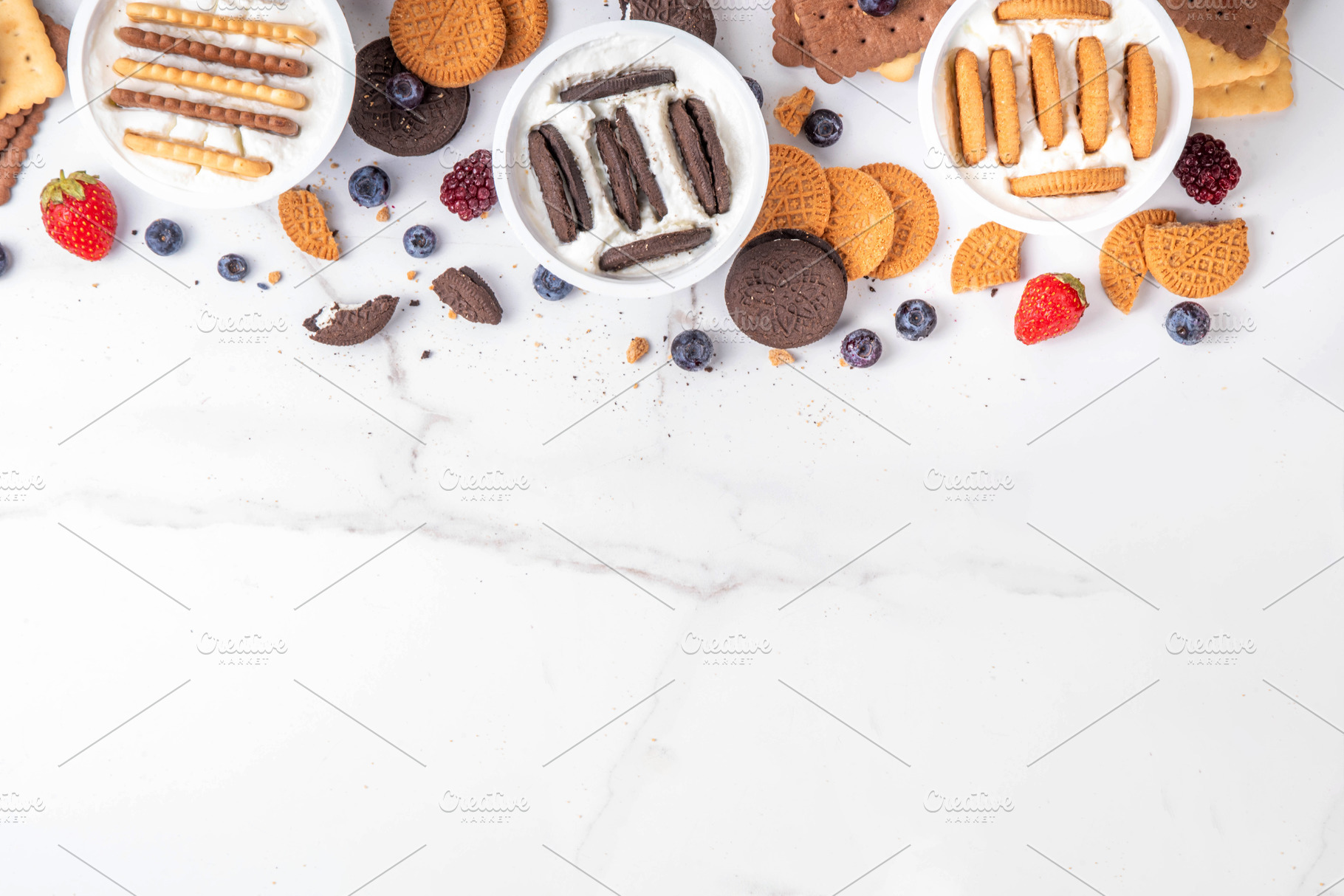 Set of different trendy yogurt and cookie dessert, a Food & Drink Photo by Rimma