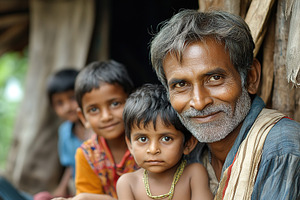 A smiling father with his kids in a rural Indian setting, showcasing daily life, a Person Photo by AlyaAnd