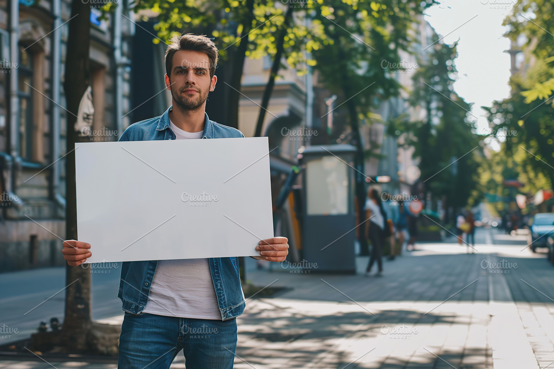 Portrait of handsome man with white blank signboard standing on, a Photo by AlyaAnd