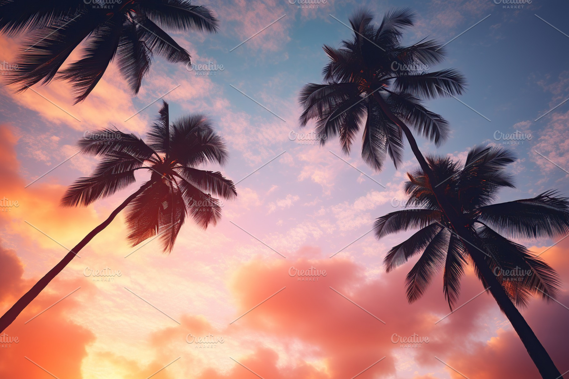 Bottom view of palm trees at sunset, a Nature Photo by AlyaAnd